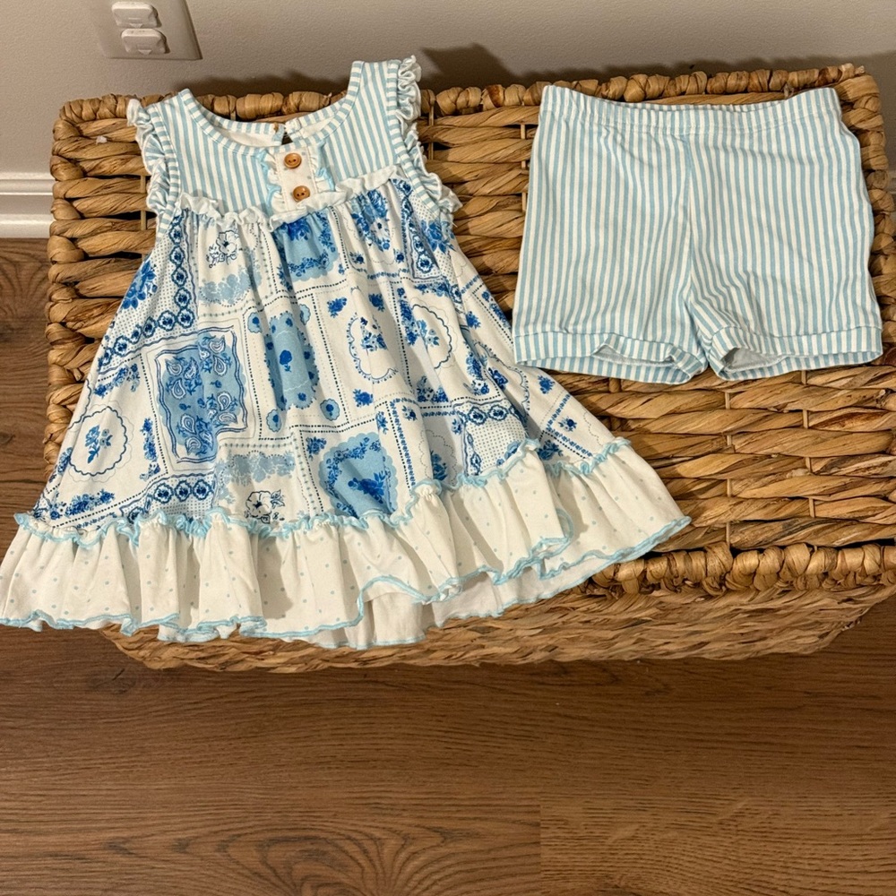 SweetHoney Out to Play Set - Patchwork Blue - Blue & White Top w/Striped Shorts